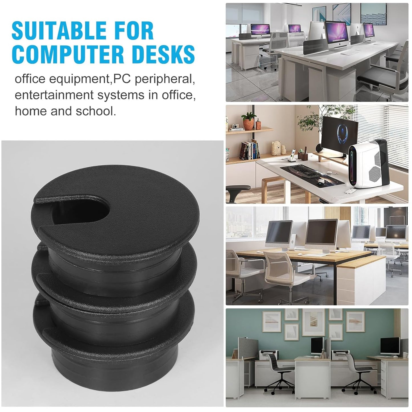 1-3/8" Black Desk Grommet with Bi-Metal Hole Saw, JTemgle Plastic Cable Hole Cover Computer Table Cord Wire Organizer Caps, Desktop Cord Management for Home Office TV Stands Tabletops, 7 Pieces