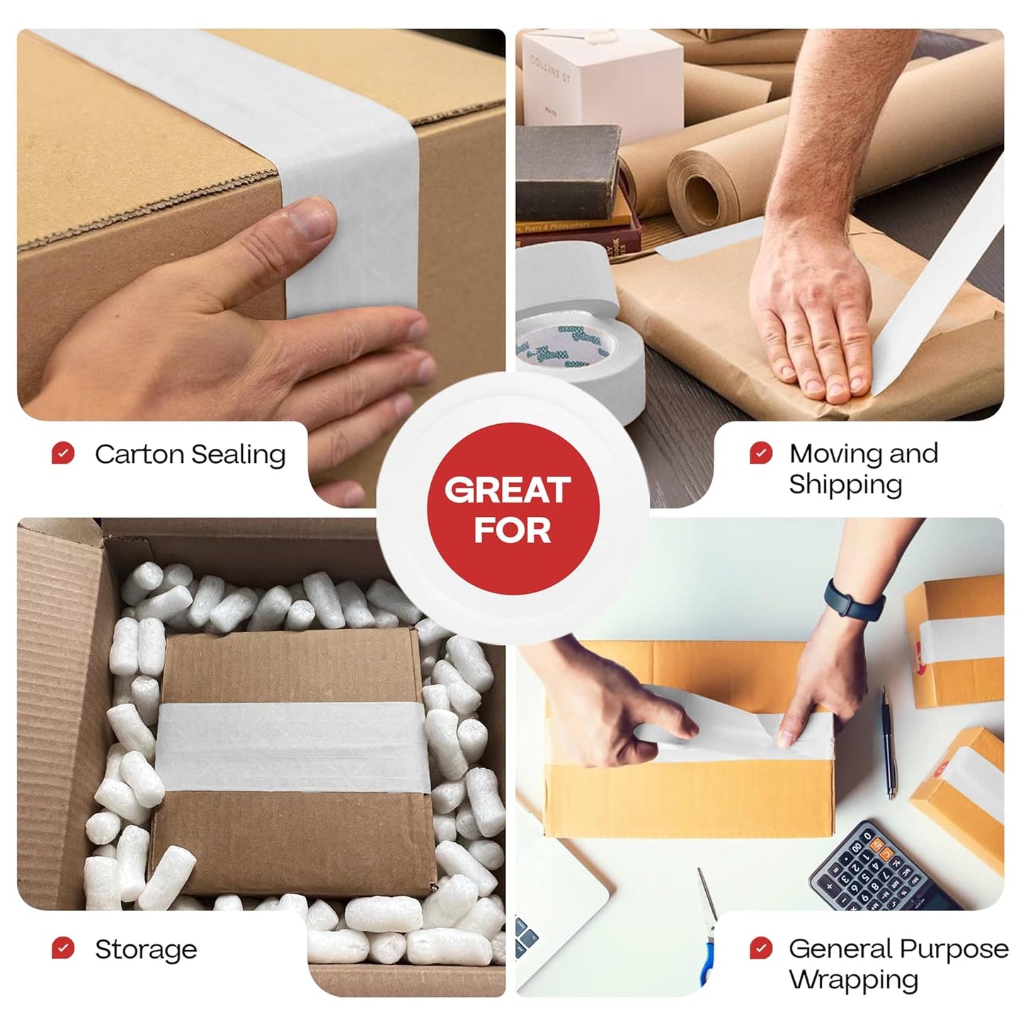 IDL Packaging 2.83" x 450 feet Reinforced Water-Activated Kraft Gummed Tape 30lb Thickness - Secure Paper Packing Tape for Secure Carton Sealing - Heavy-Duty for All Conditions, White