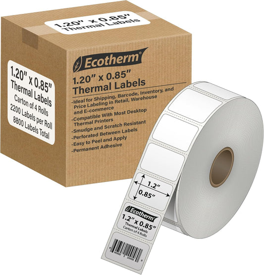 1.2" x .85" Thermal Labels | 4 Rolls | 8800 Labels | fits Zebra, Godex, Arkscan, iDPRT, Offnova Thermal Label Printers and More | Blank White Adhesive Stickers by Ecotherm