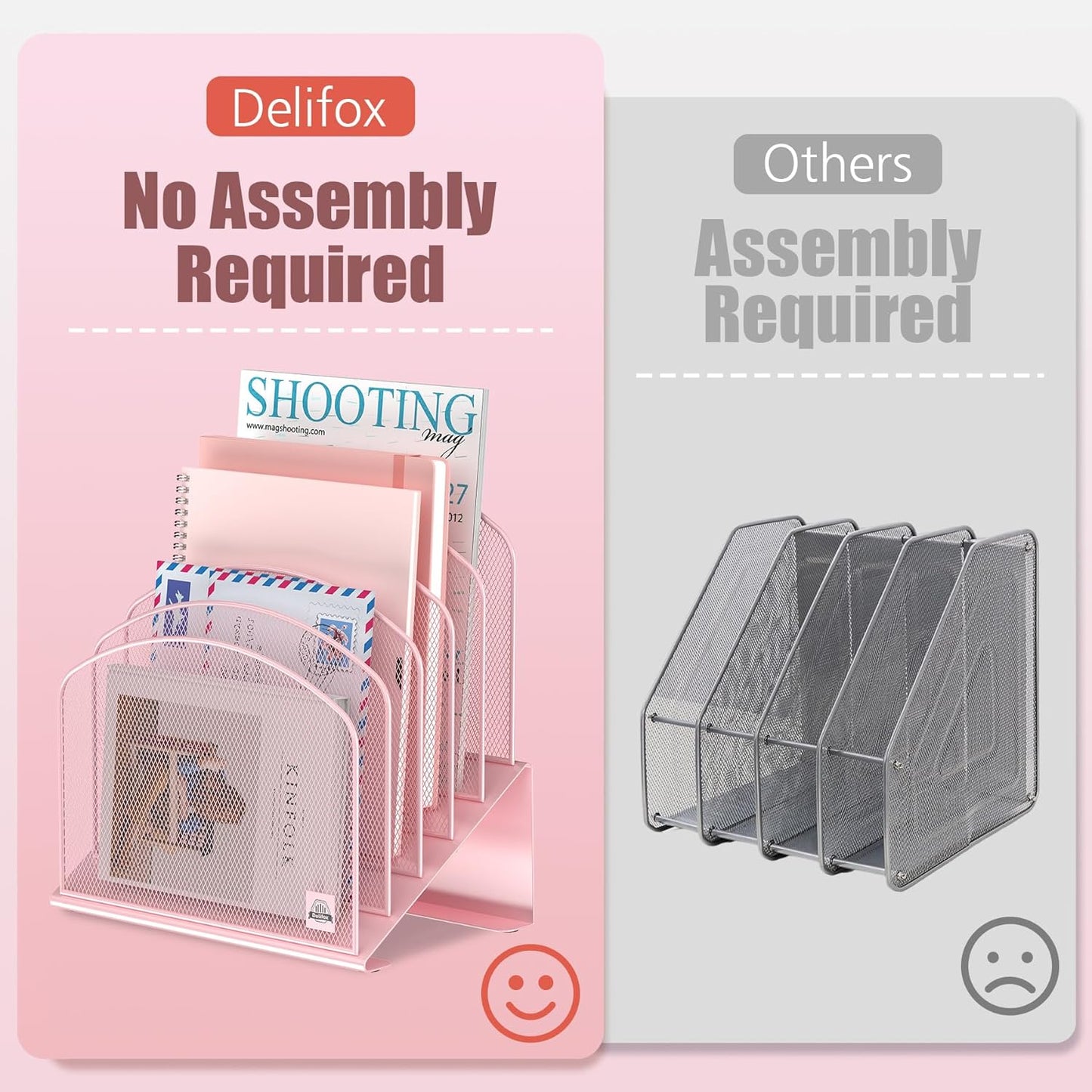 Inclined Desk File Organizer, 5-Section Vertical File Folder Holder Stand Metal Rack File Sorter for Office Classroom Desktop Organization (Pink, 2Pack)