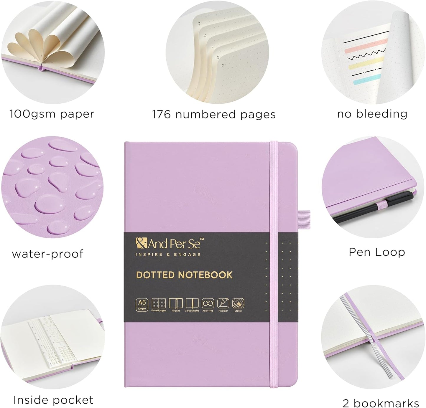 &And Per Se Bullet Dotted Journal Notebook, A5 Leather Hardcover, 176 Numbered Pages 100GSM Thick Dotted Paper, 2 Sheets of Stencils Included - 5.7'' x 8'' (Lavender)