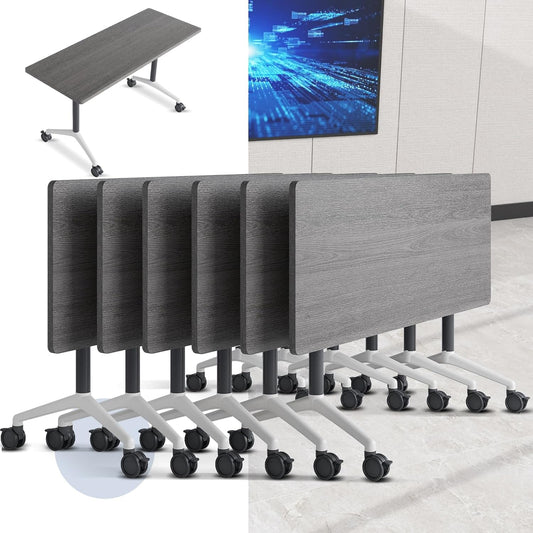 Folding Conference Table, Mobile Training Table for Office Conference, Modern Modular Rectangular Work Desk Meeting Seminar Work Tables with Caster Wheels, Large Breakroom Tables (6Pack L63in)