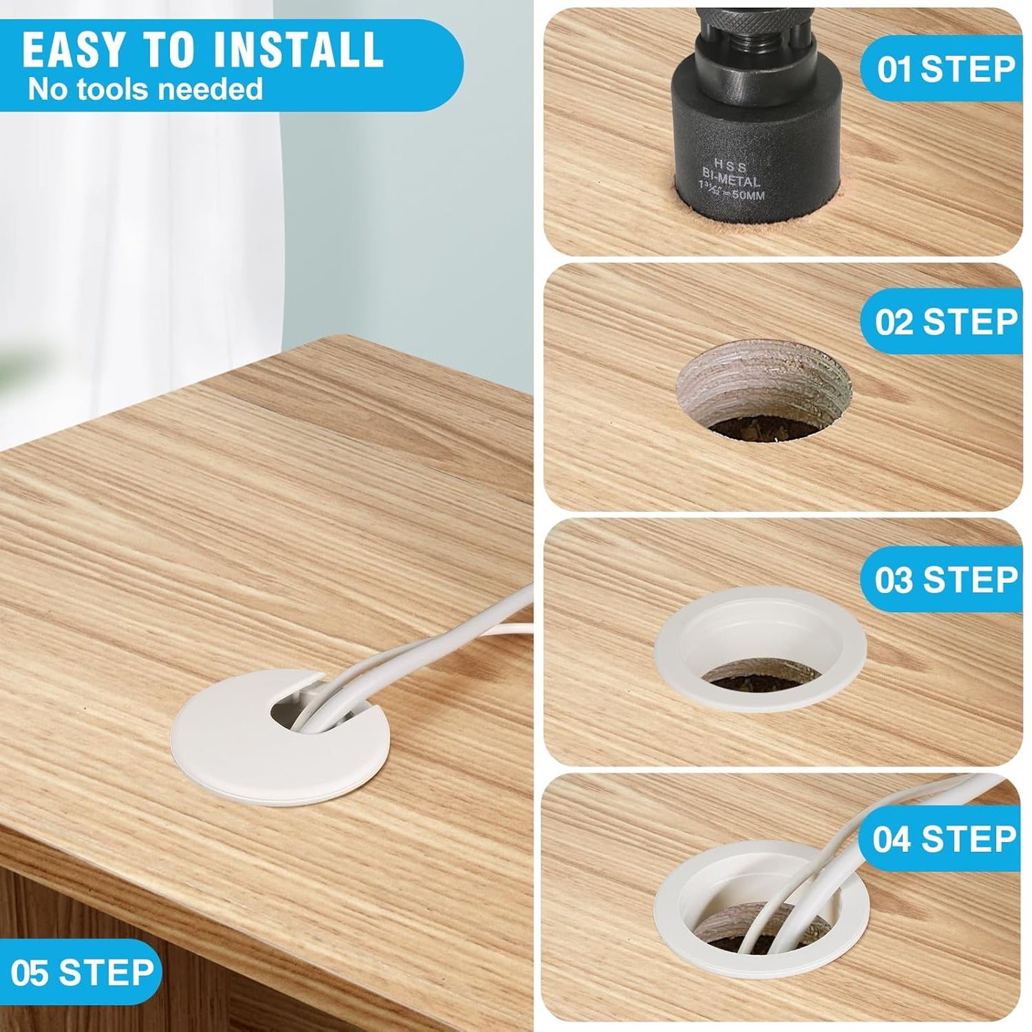 1-1/2" White Desk Grommet with Bi-Metal Hole Saw, JTemgle Plastic Cable Hole Cover Computer Table Cord Wire Organizer Caps, Desktop Cord Management for Home Office TV Stands Tabletops, 7 Pieces