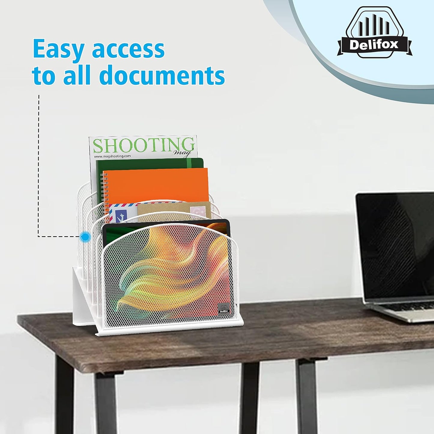 Inclined Desk File Organizer, 5-Section Vertical File Folder Holder Stand Metal Rack File Sorter for Office Classroom Desktop Organization (White, 1Pack)