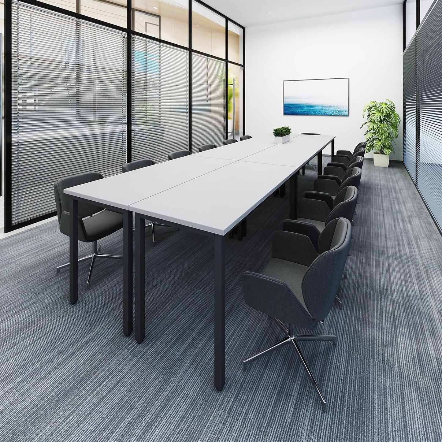 Bonzy Home Conference Tables 12ft Office Computer Desk for Meeting Room Study Writing Printer Table Save Space Design for 14 People 6PCS 141.6"x47.2"x29.5", White