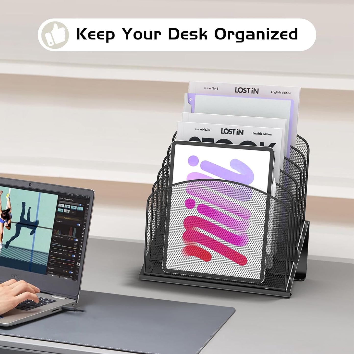 Inclined Desk File Organizer Metal Desk Magazine Folder Holder with 5-Section Vertical Compartments Rack File Organizer for Office, Home, School, Black
