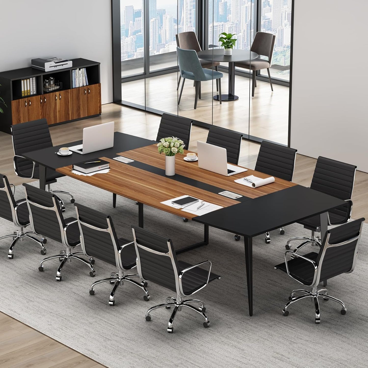 Tribesigns 8FT Conference Table, 94.48L x 47.24W x 29.52H Inches Boat Shaped Meeting Table with Rectangle Grommet, Modern Seminar Boardroom Table for Office Conference Room (8ft, Walnut & Black)