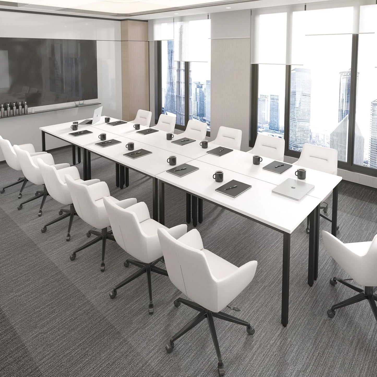 Bonzy Home Conference Tables 12ft Office Computer Desk for Meeting Room Study Writing Printer Table Save Space Design for 14 People 6PCS 141.6"x47.2"x29.5", White