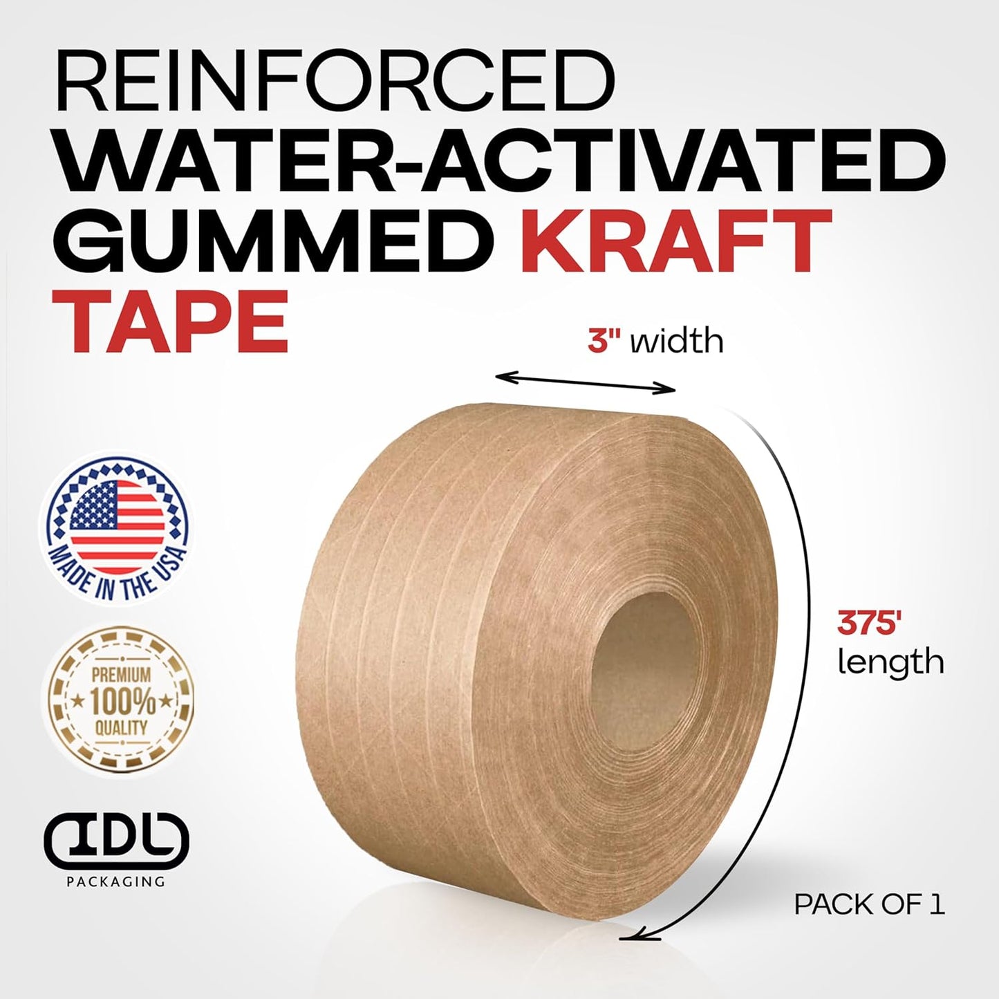 IDL Packaging 3" x 375 feet Reinforced Water-Activated Kraft Gummed Tape 70lb Thickness - Secure Paper Packing Tape for Secure Carton Sealing - Heavy-Duty for All Conditions, Brown