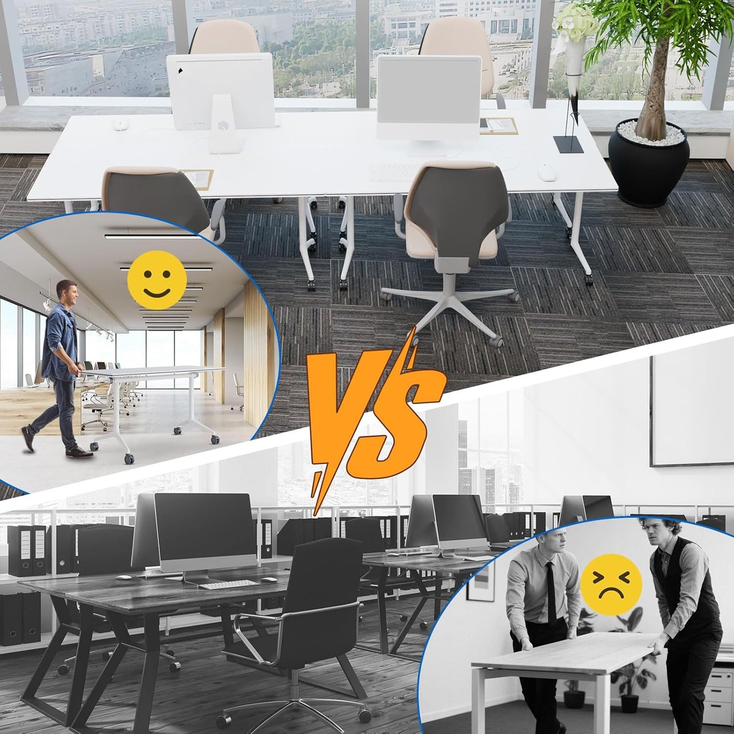 Conference Table, Folding Conference Desk Modern White, Seminar Table with Wheels, 2-10 People for Office, Meeting Break Room (6, 1915, 61IN)