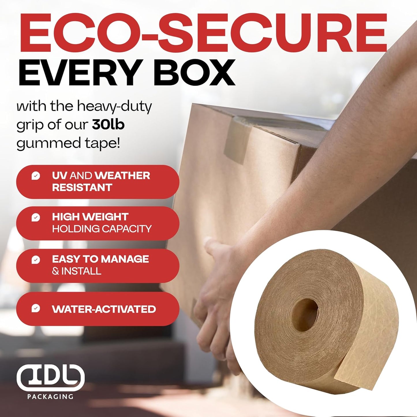 IDL Packaging 2.83" x 450 feet Reinforced Water-Activated Kraft Gummed Tape 30lb Thickness (Pack of 6) - Secure Paper Packing Tape for Secure Carton Sealing - Heavy-Duty for All Conditions, Brown