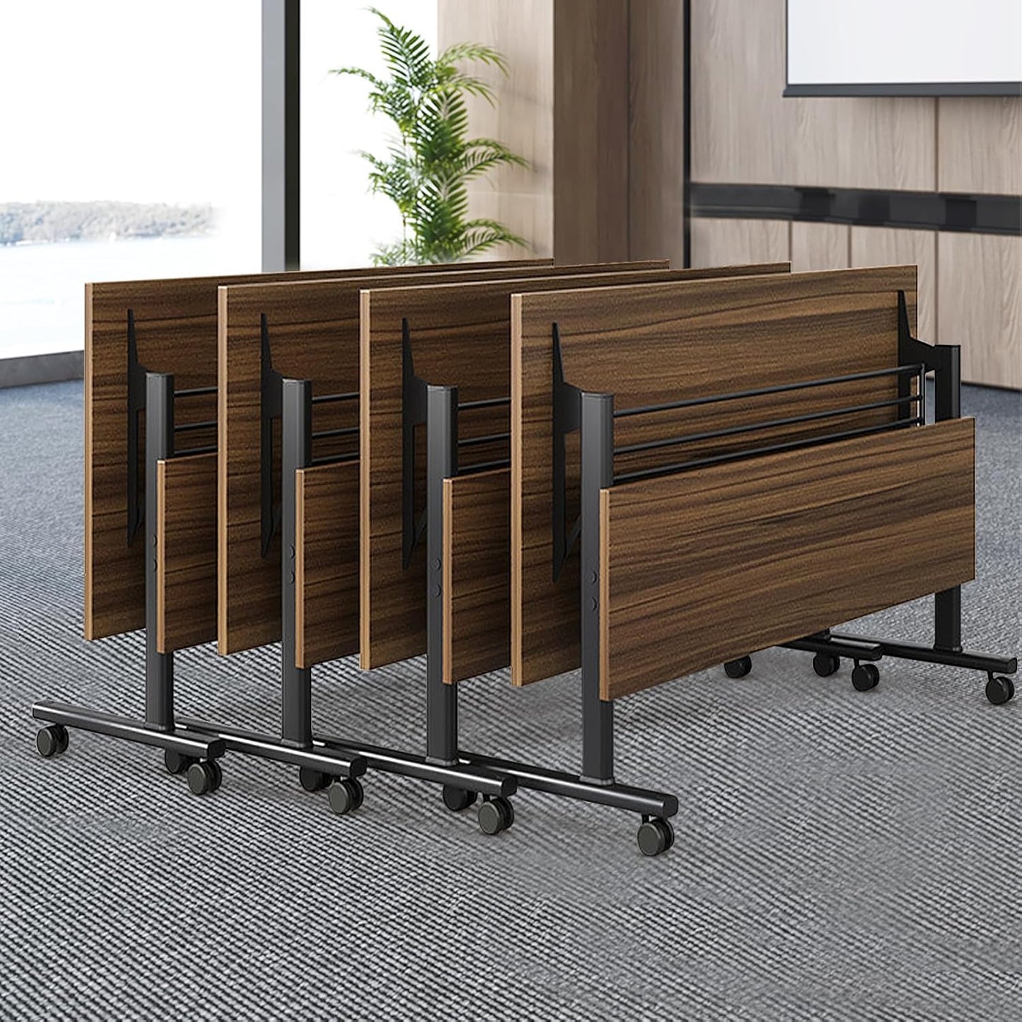 Folding Conference Table, Modern Large Conference Room Tables with Flip-Top Design, Foldable Conference Table Meeting Table with Wheels, Mobile Seminar Training Tables for Office Classroom (4, Walnut)