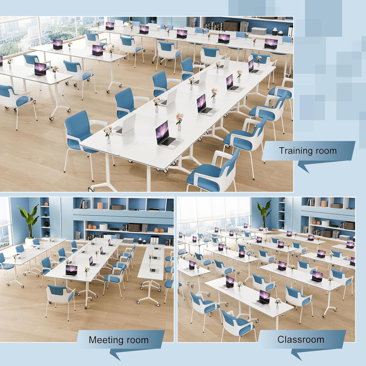 8pack Folding Conference Room Table, Modern Conference Tables with Silent Wheels, Large Rectangular Mobile Training Tables for Office Classroom, Foldable Modular Seminar Table White (L70.9in)