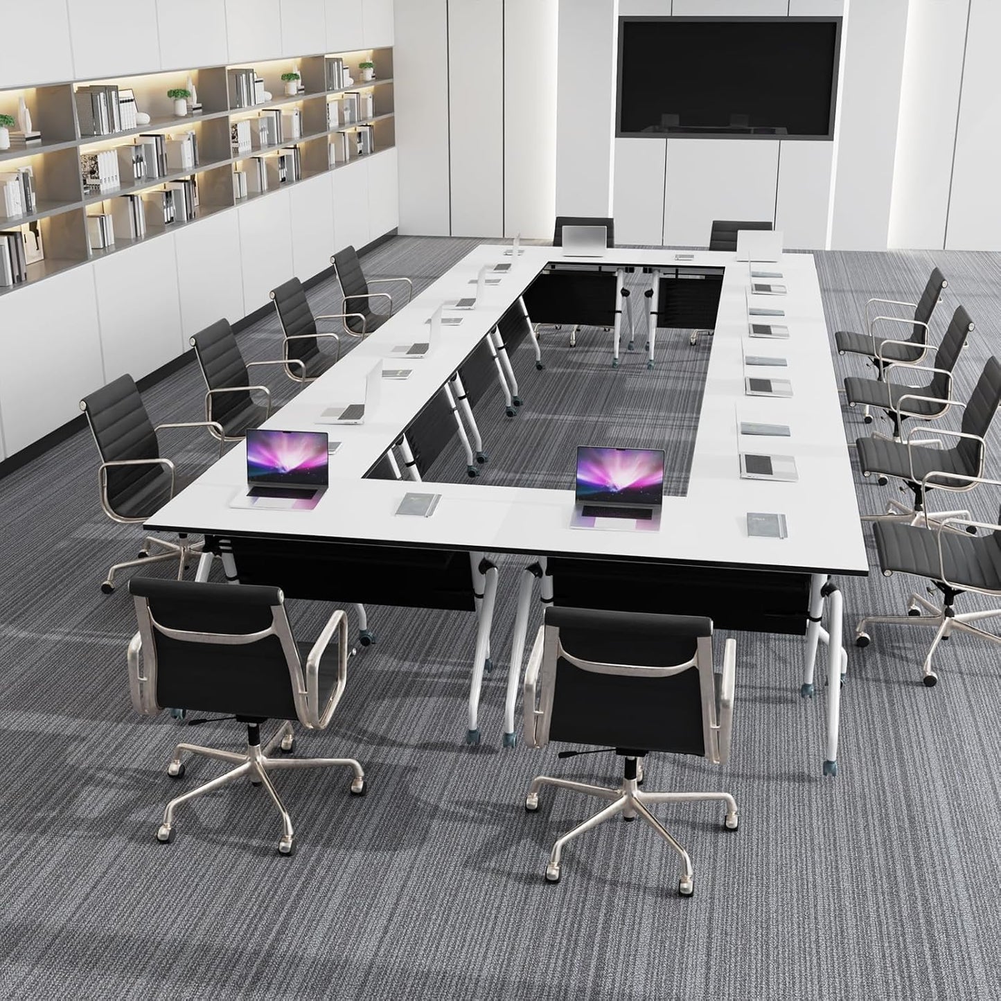 Conference Table, Folding Conference Room Tables, Mobile Training Tables with Silent Wheels, Large Rectangular Modular Seminar Table Office Computer Desks for Classroom White (8Pack L47.2in)