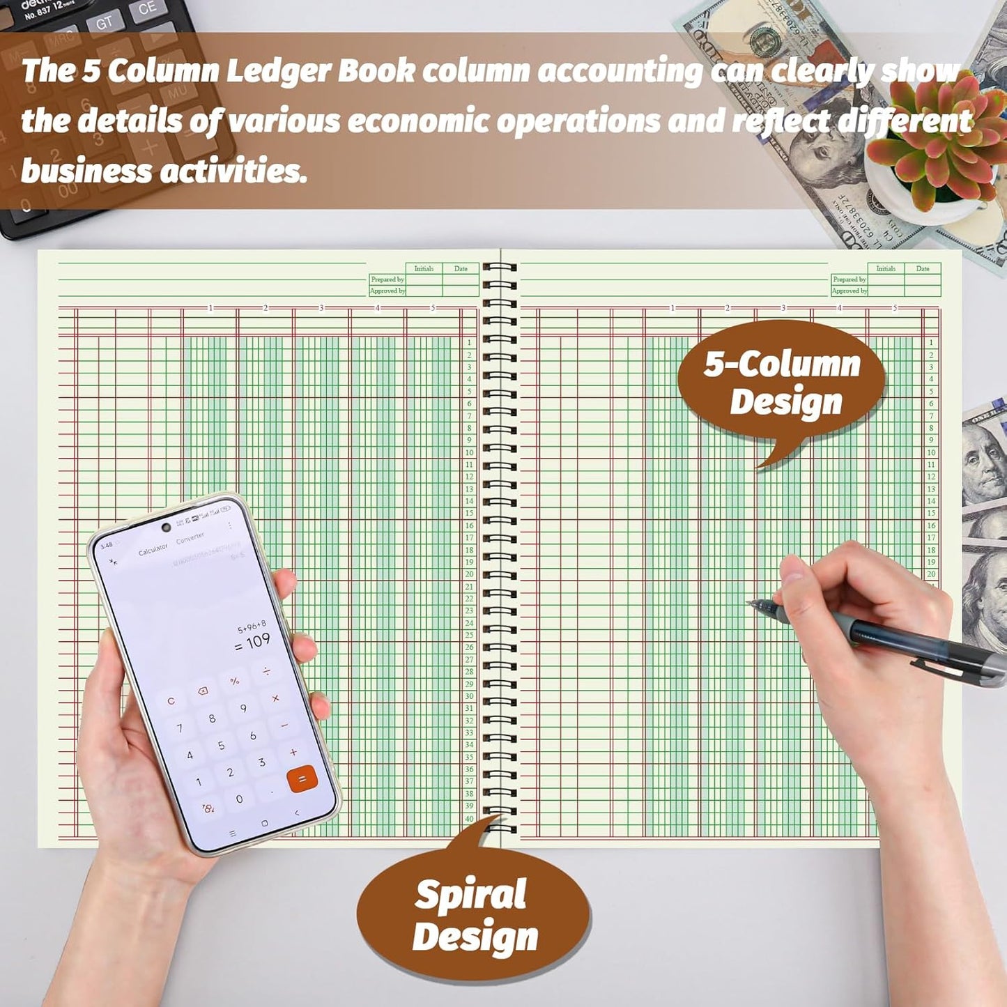 1 PCS 5 Column Ledger Book Accounting Ledger Paper Analysis Pad Financial Accounting Ledger 5 Column 8.5 * 11 Inches Log Book 5 Column 100 Pages for Bookkeeping Personal Use and Small Business