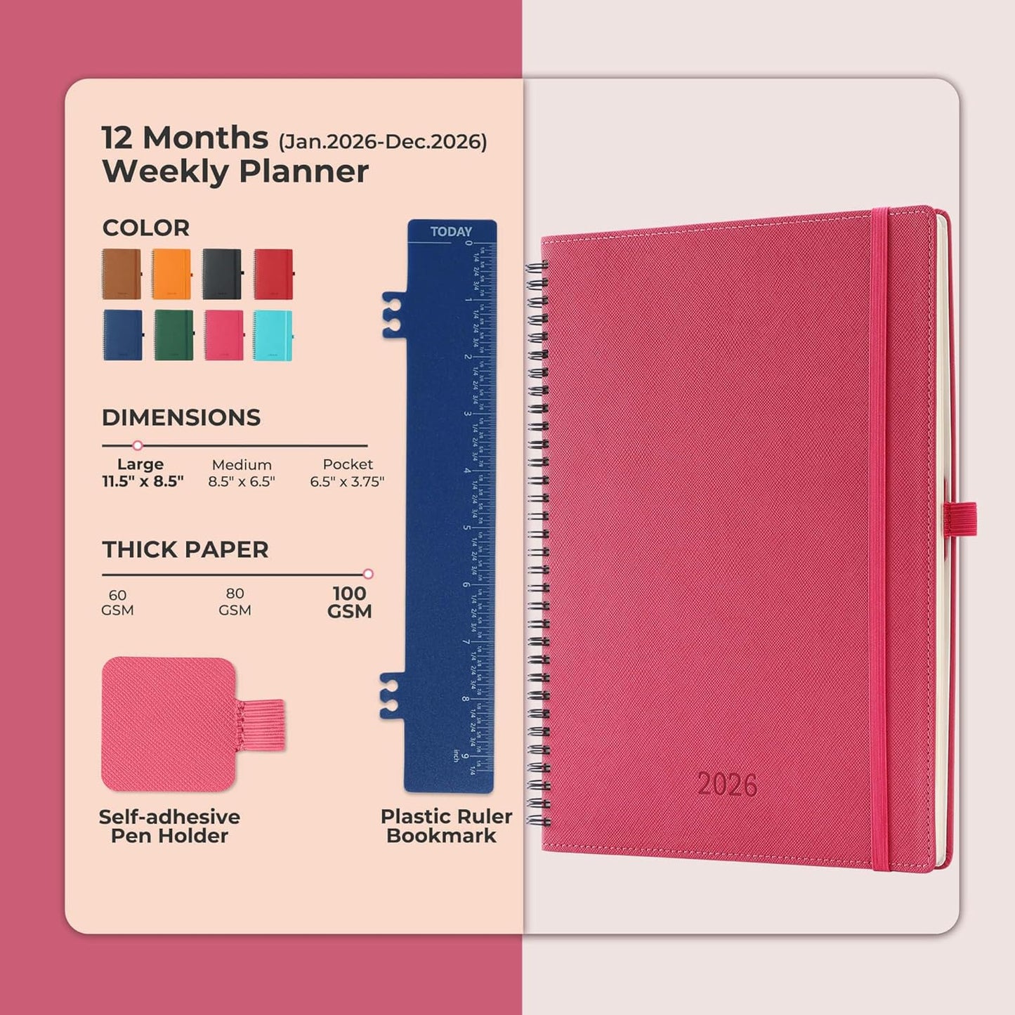 IN-LUXPRO Planner 2026 Daily Weekly and Monthly,11.5"x8.5",12 Months Spiral Bound Calendar Agenda with Self-adhesive Pen Holder,2026 Appointment Book with Vegan Leather Soft Cover,Rose Red