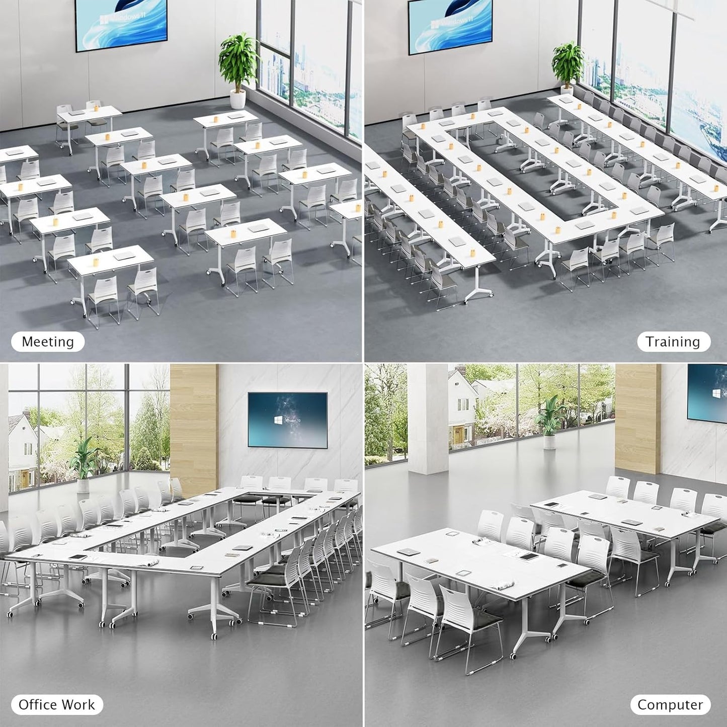 Conference Table Folding Conference Table, Modern Conference Room Table White Meeting Table Flip Top Large Mobile Training Tables, Mobile Training Seminar Tables for Office Classroom (4pack 63in)