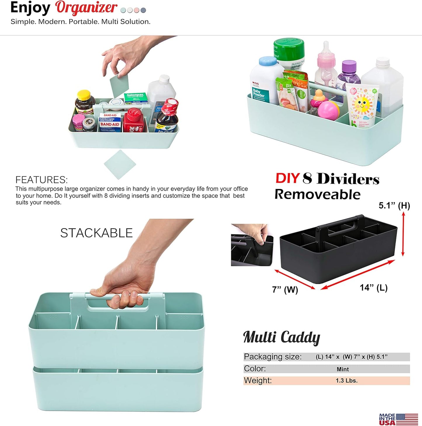 -Large Portable Caddy, DIY Dividers, 8 Compartments, School Office Supplies Home Business Organizer,Portable Basket with Handle Storage Organizer Modern Made in USA (3 PACK, Mint)