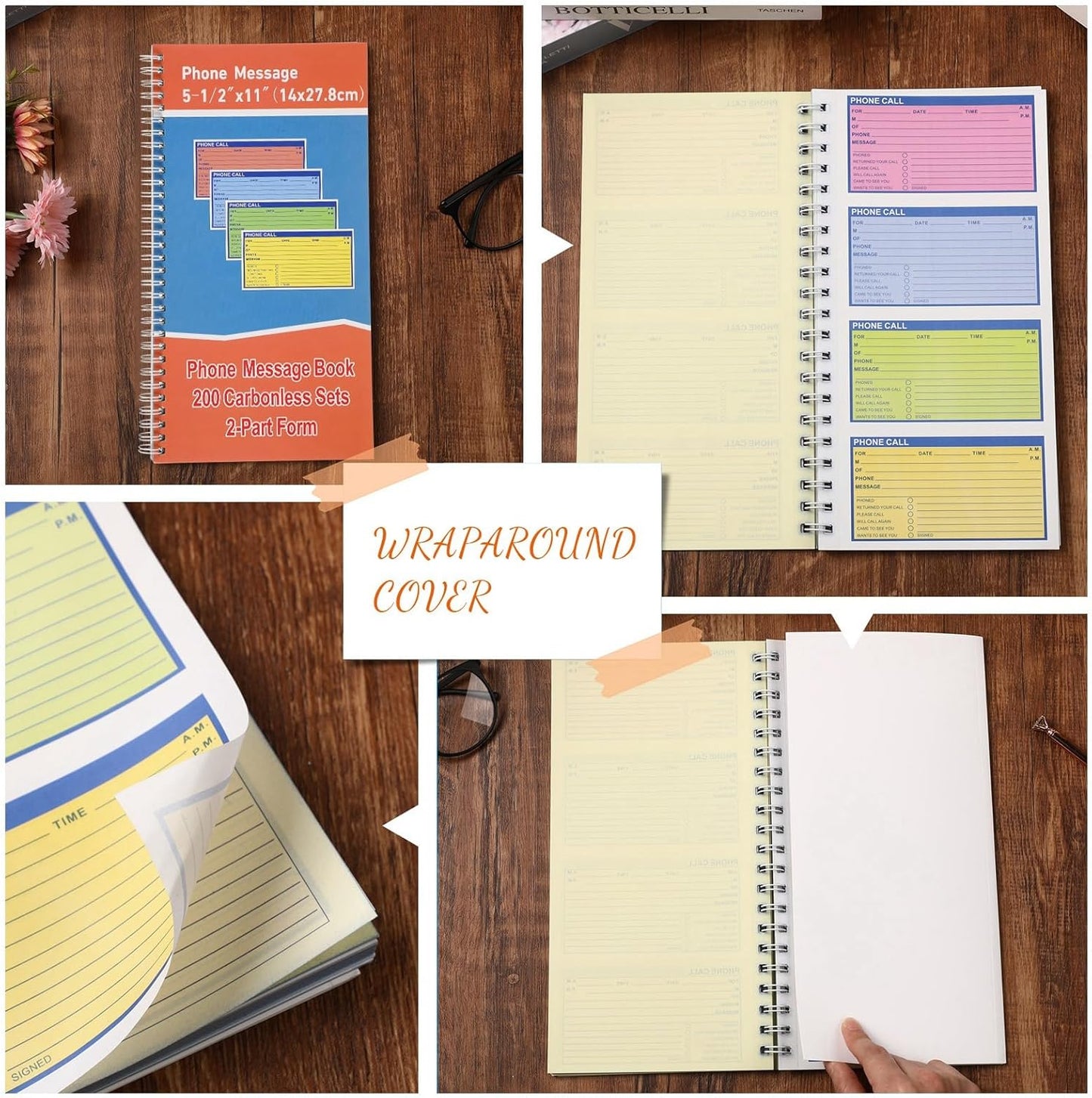 1 Pcs Spiral Bound Phone Message Book 5-1/2" x 11" 2 Part Colorful Carbonless Phone Message Pads 4 Messages Per Page Carbon Copy Notebook Spiral Phone Call Log Book for Business Office