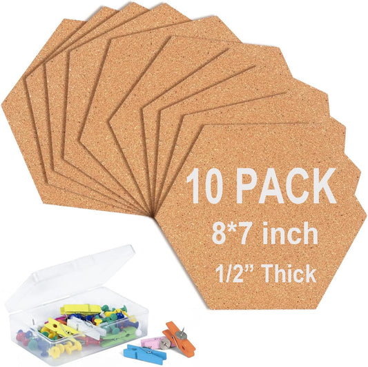 10 Pack Cork Bulletin Board Hexagon - Decorative Display Boards, 1/2" Thick Self-Adhesive Cork Board Tiles for Home Office Decor, School Message Board (10 Pcs)