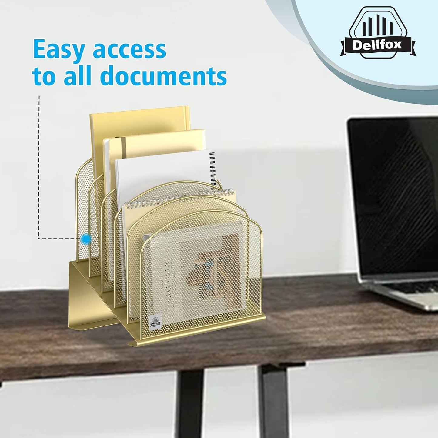 Inclined Desk File Organizer, 5-Section Vertical File Folder Holder Stand Metal Rack File Sorter for Office Classroom Desktop Organization (Gold, 2Pack)