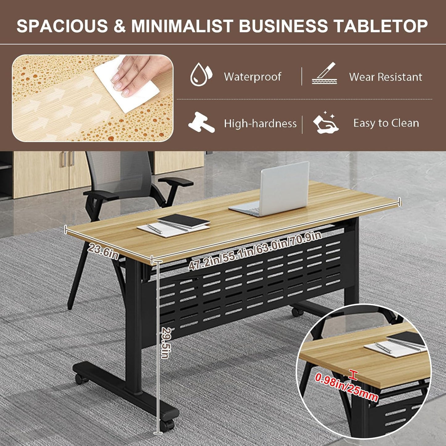 Folding Conference Room Table, Modern Conference Tables with Wheels, Large Rectangular Mobile Training Tables for Office Classroom, Foldable Modular Boardroom Seminar Table Maple (2pack L55.1in)