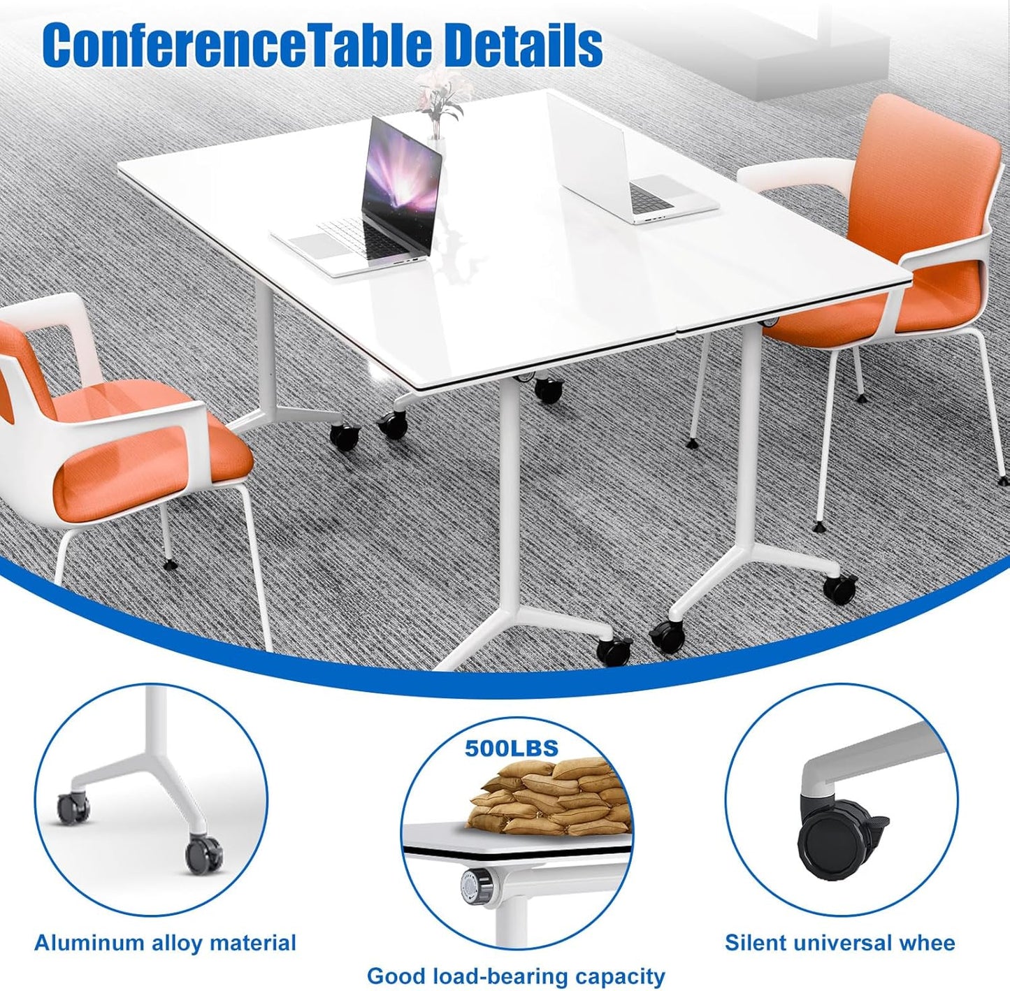 Conference Table, Folding Conference Desk Modern White, Seminar Table with Wheels, 2-10 People for Office, Meeting Break Room (4, 1915, 47IN)