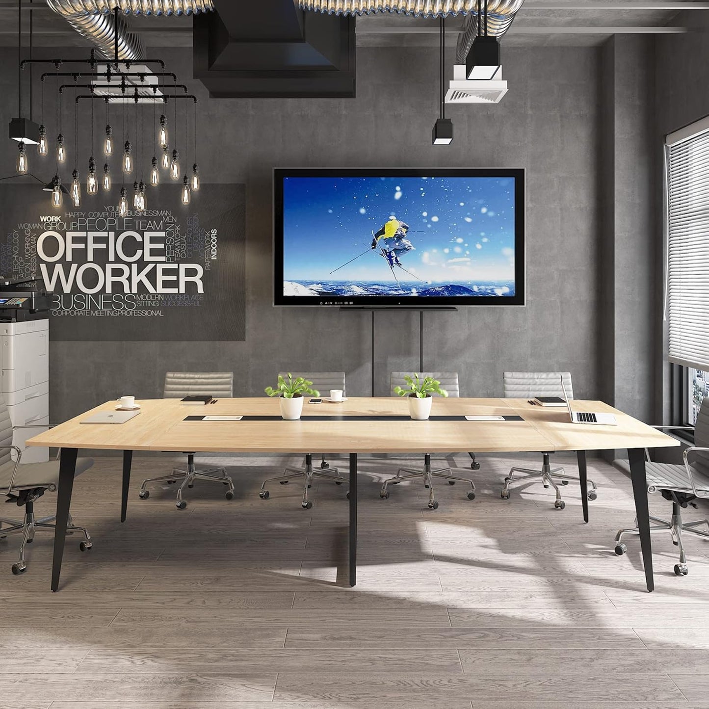 Tribesigns 8FT Conference Table, 94.48L x 47.21W x 29.52H Inches Boat Shaped Meeting Table with Rectangle Grommet, Modern Seminar Boardroom Table for Office Conference Room (Light Wood Grain, 8ft)