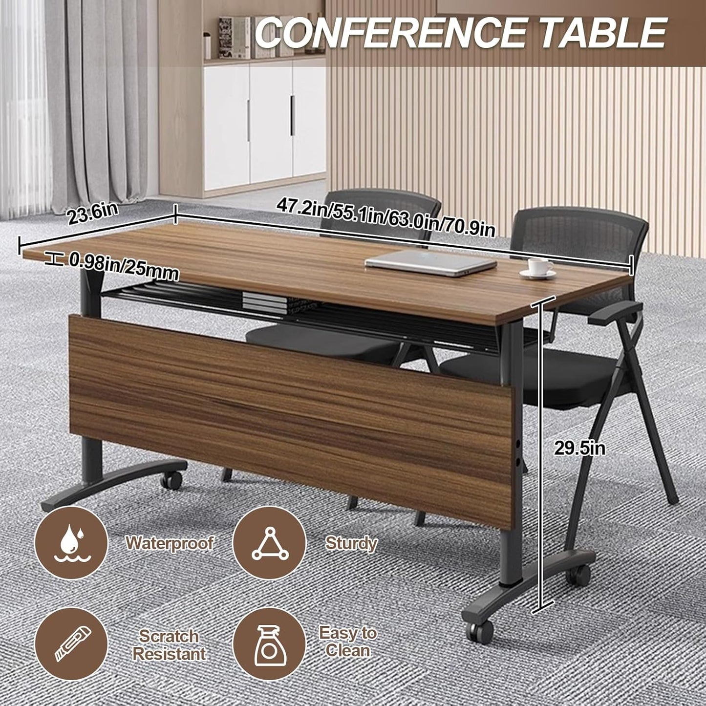 Folding Conference Room Table, Modern Conference Tables with Wheels, Large Rectangular Mobile Training Tables for Office Classroom, Foldable Modular Boardroom Seminar Table Walnut (8pack L70.9in)
