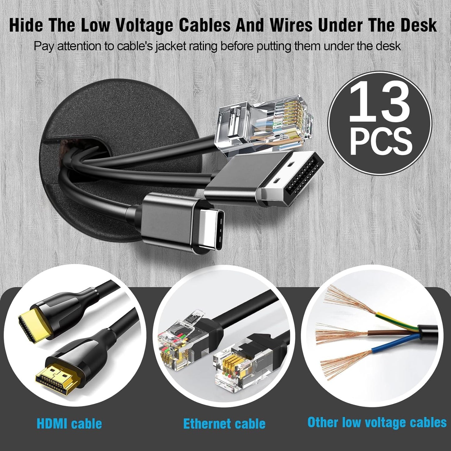 1-1/2" Black Desk Grommet with Bi-Metal Hole Saw, JTemgle Plastic Cable Hole Cover Computer Table Cord Wire Organizer Caps, Desktop Cord Management for Home Office TV Stands Tabletops, 13 Pieces