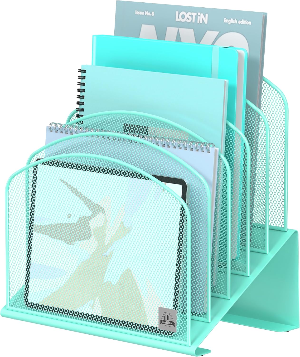 Inclined Desk File Organizer, 5-Section Vertical File Folder Holder Stand Metal Rack File Sorter for Office Classroom Desktop Organization