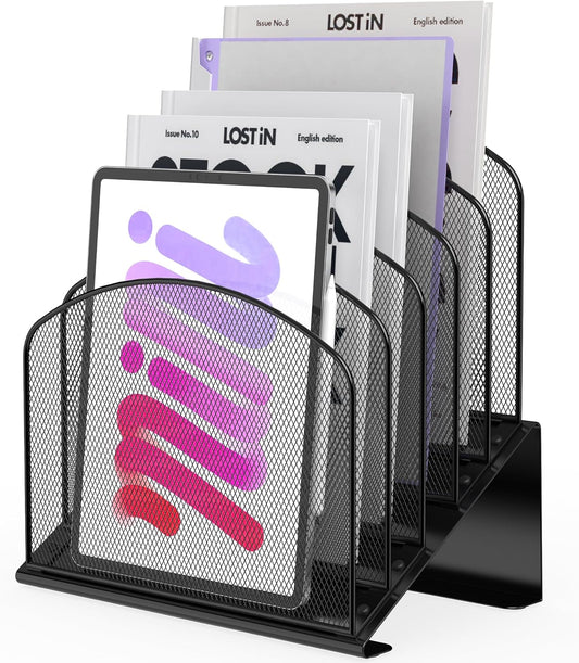 Inclined Desk File Organizer Metal Desk Magazine Folder Holder with 5-Section Vertical Compartments Rack File Organizer for Office, Home, School, Black