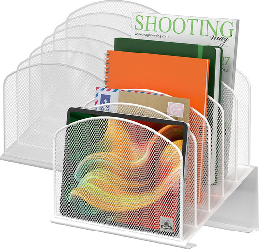 Inclined Desk File Organizer, 5-Section Vertical File Folder Holder Stand Metal Rack File Sorter for Office Classroom Desktop Organization (White, 2Pack)