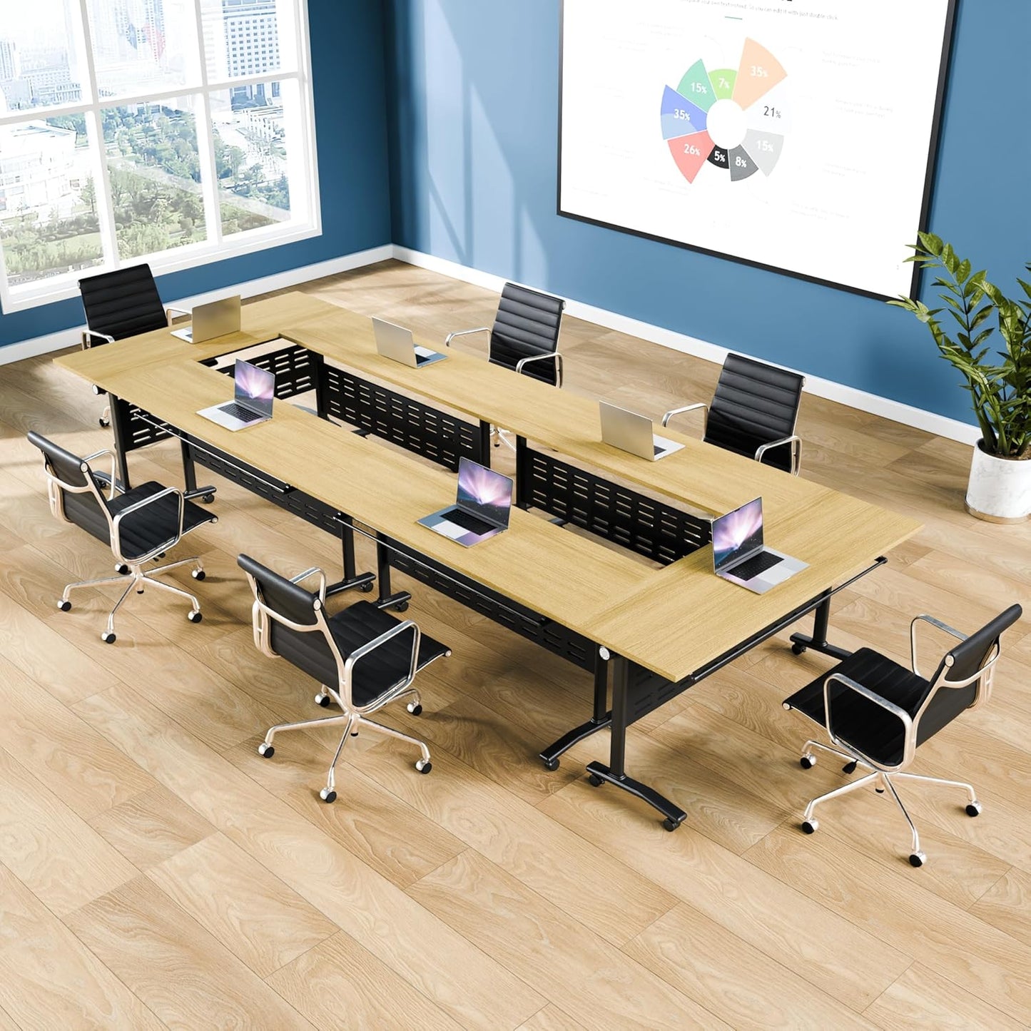 Folding Conference Table, Maple Brown Folding Conference Room Table with One-Touch Fold Button & 360° Swivel Casters, Space-Saving Mobile Meeting Table for Offices, Training Rooms(4PCS)