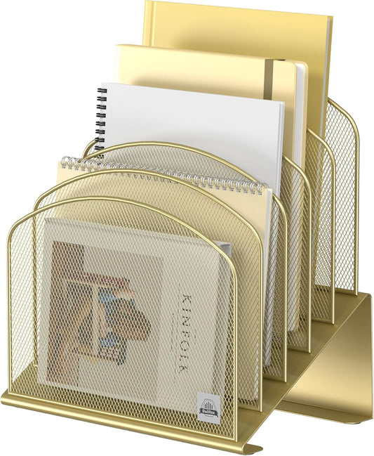 Inclined Desk File Organizer, 5-Section Vertical File Folder Holder Stand Metal Rack File Sorter for Office Classroom Desktop Organization (Gold, 1Pack)