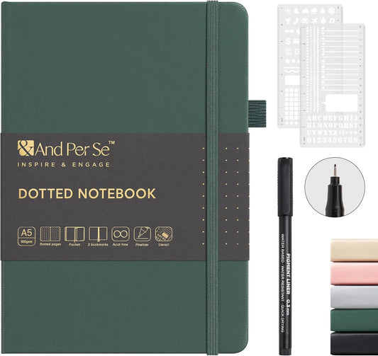 &And Per Se Bullet Dotted Journal Notebook, A5 Leather Hardcover, 176 Numbered Pages 100GSM Thick Dotted Paper, 2 Sheets of Stencils Included - 5.7'' x 8'' (Green)