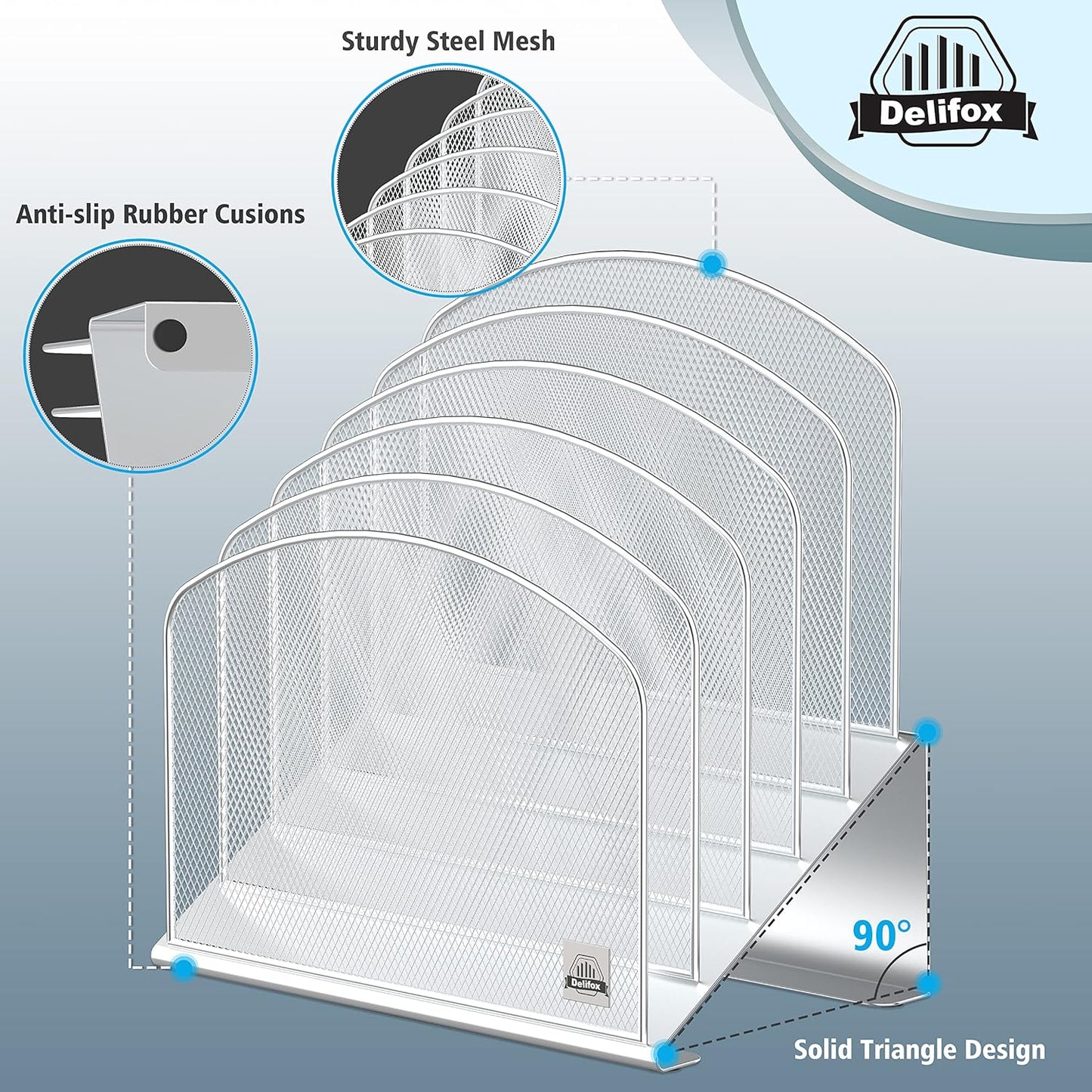Inclined Desk File Organizer, 5-Section Vertical File Folder Holder Stand Metal Rack File Sorter for Office Classroom Desktop Organization (Silver, 2Pack)