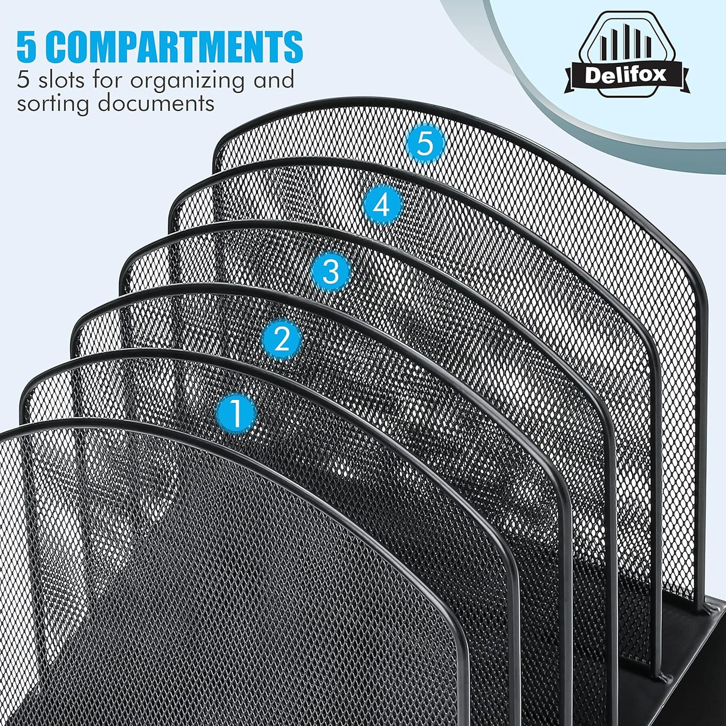 Inclined Desk File Organizer, 5-Section Vertical File Folder Holder Stand Metal Rack File Sorter for Office Classroom Desktop Organization (Black, 1Pack)
