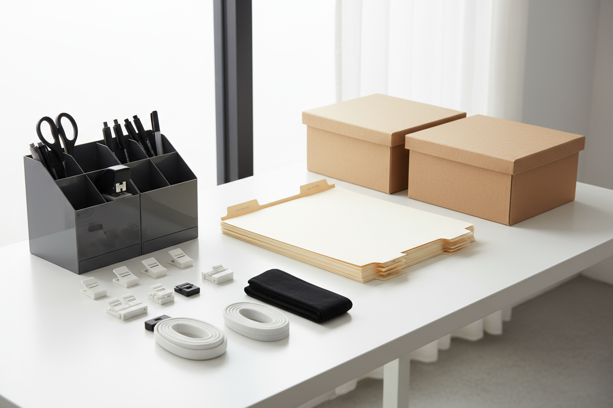 File folders, storage boxes, desk organizers, and cable management solutions. (make it real photo)