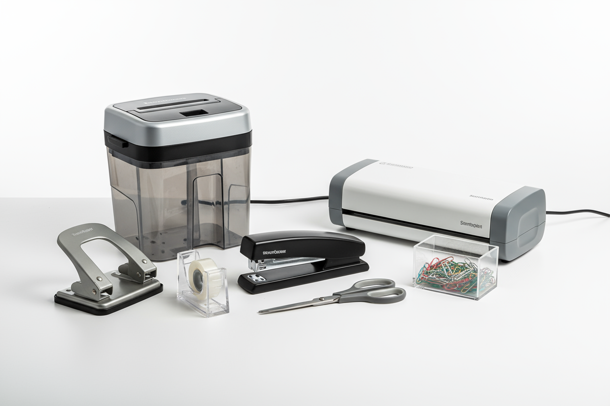 Staplers, shredders, laminators, and other must-have tools. (make it real photo)